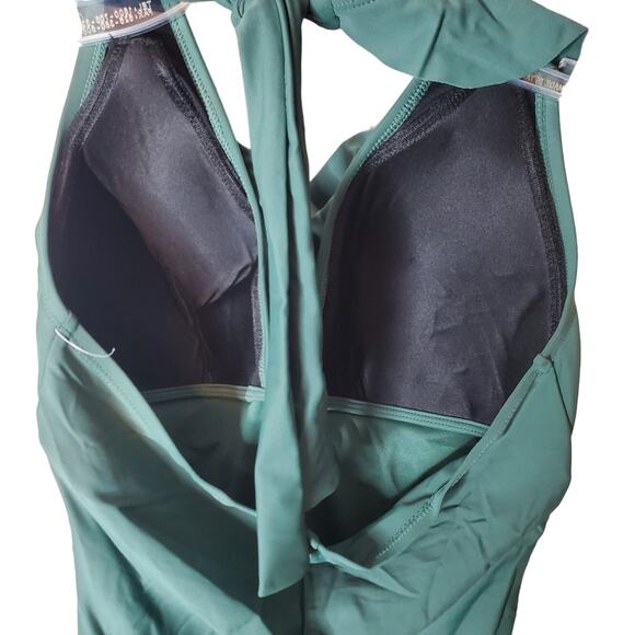 Ellen Tracy One Piece Halter Ruffle Neckline Swimsuit, Green, NWOT, Size 12 - Picture 4 of 6